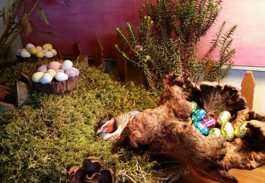 Easter eggs and greenery display at Dick Turpin Cottage during Easter.