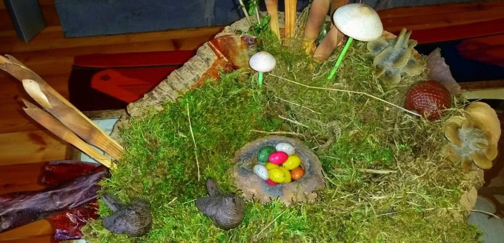 Decorative Easter egg nest with moss and mushrooms at Dick Turpin Cottage.